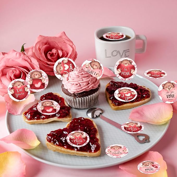 48PCS Edible Valentine's Day Bear Cupcake Toppers Wafer Paper I Love You Sweet Love Heart Cupcake Picks Be My Valentine Cake Decor for Valentine's Day Theme Party Decor Supplies