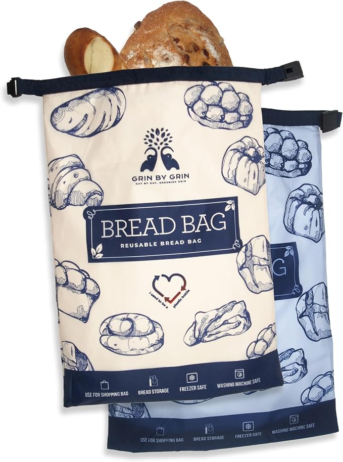 GRIN BY GRIN Bread Bags 2 Pack Reusable Zipper Bags Extra Large | Homemade Bread, Sourdough, Freezer Storage