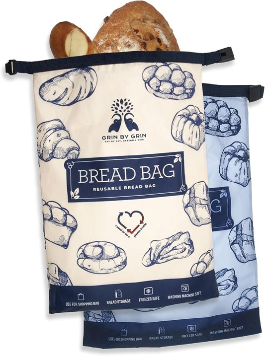 GRIN BY GRIN Bread Bags 2 Pack Reusable Zipper Bags Extra Large | Homemade Bread, Sourdough, Freezer Storage