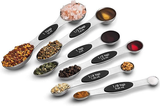 NutriChef 6-Piece Magnetic Measuring Spoon Set - Stainless Steel Stackable Dual Sided Nesting Teaspoon to Tablespoon For Dry & Liquid Ingredients, Stylish, Rustproof & Easy-to-Clean - Silver