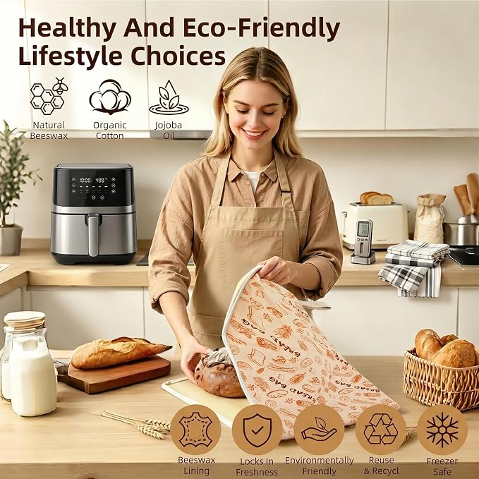 Premium XL Beeswax Bread Bags for Sourdough (17"x13", 2 Pack) - Premium Reusable Organic Linen Storage, Keep Fresh for Homemade Bread, Freezer Safe, L-Shape Wide Zipper for Easy Loading