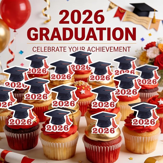 42pcs Edible Graduation Cap Cupcake Toppers Wafer Paper Red Class of 2026 Cake Decorations Edible Grad Cap Cupcake Picks for 2026 Graduation Theme Party Cake Decor Supplies