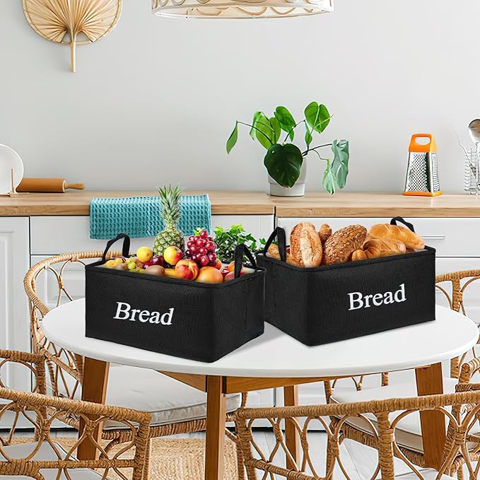 2 Packs Bread Storage Basket for Pantry, Imitation Linen Bread Baskets Foldable Bread Storage Containers with Handles for Pantry Kitchen Counter to keep Bread, Rolls, Snacks