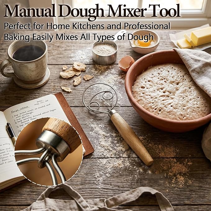 Danish Dough Whisk for Sourdough Bread, Stainless Steel with Wooden Handle, Manual Mixer Tool for No Knead Bread, Pizza and Baking