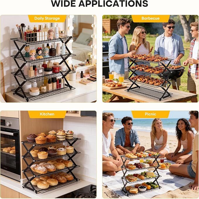 4-Tier Collapsible Stainless Steel Cooling Rack, Stackable Wire Drying Rack | Aguegro Adjustable Multi-Layer Cooling Grid for Cookies, Cakes, Roast Meat, Barbecue,Baking& Food Drying