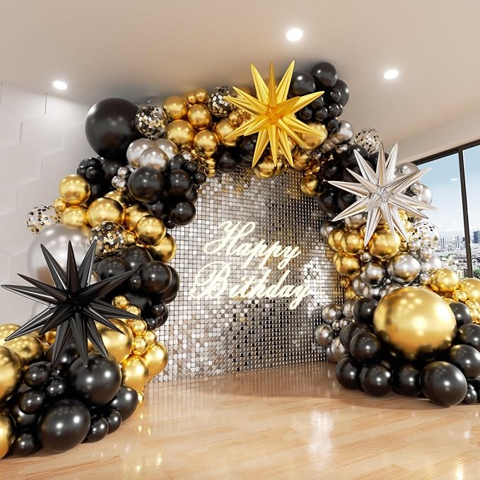 Black Gold and Silver Balloon Arch Kit, 142Pcs Metallic Chrome Balloons and Stars Balloon Garland kit, Different Size Balloons Kit for New Year Men Birthday 2026 Graduation Party Decorations