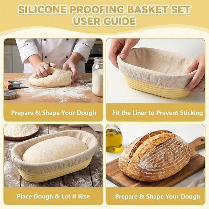 4 Pcs Silicone Banneton Bread Proofing Basket Set, 10" Oval Banneton Basket, Collapsible Sourdough Basket with Liner for Artisan Baking