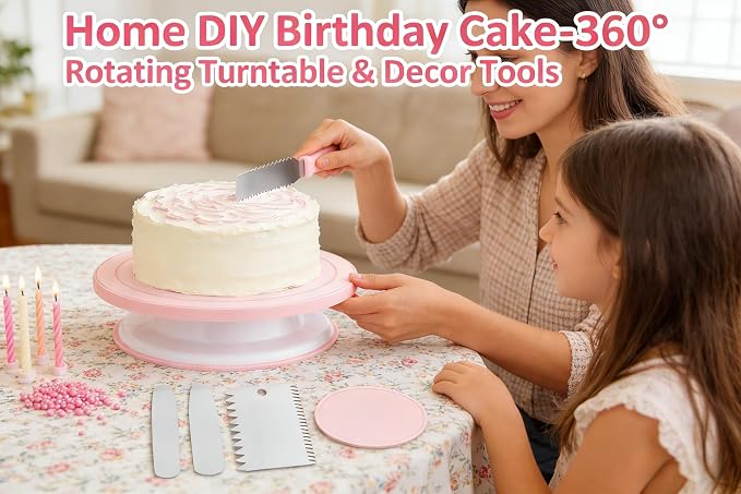 Cake decoration kit baking supplies cake turntable with 2 right angle spatulas and 3 smoothie scraper baking accessories for beginners and professionals, pink