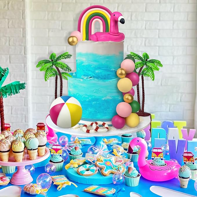 23 PCS Hawaiian Beach Cake Decoration Set Summer Cake Decor with Flamingo Rainbow and Coconut Tree Toppers for Hawaiian Theme Party