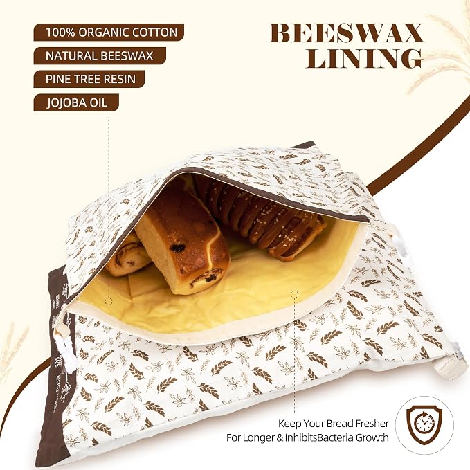 Beeswax Bread Bags for Homemade Bread, 2-Pack XL Sourdough Bread Bags, Reusable Cotton Bread Storage Bags, Beeswax Lined, Freezer Safe, 17" x 13"