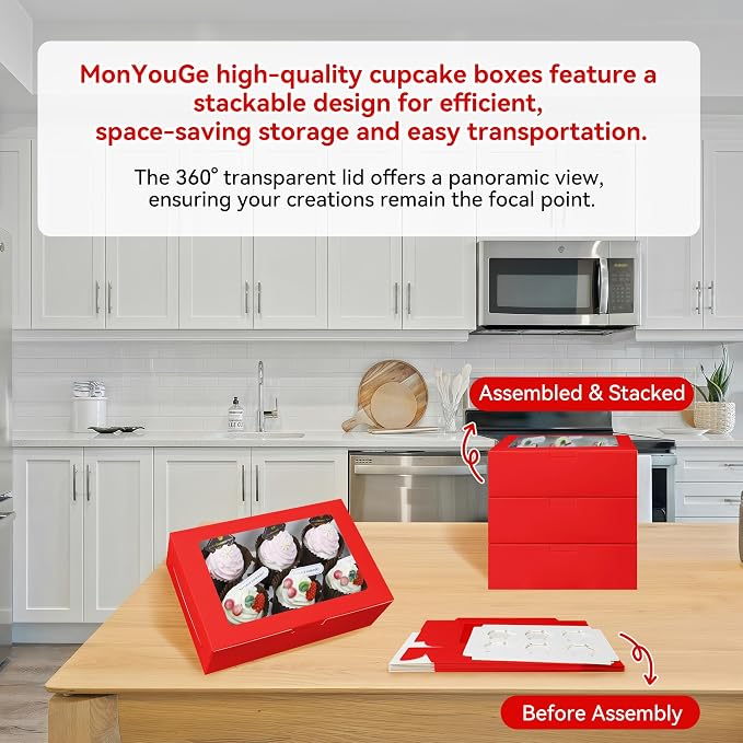 30-Set Cupcake Boxes Bulk with Clear Display Window Hold 6 Standard Cupcakes, Disposable Food Grade Red Cupcake Carrier Cupcake Container, Perfect for Cupcakes Muffins Cookies Pastries