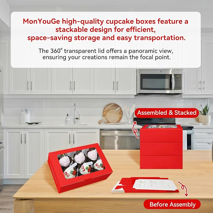 50-Set Cupcake Boxes Bulk with Clear Display Window Hold 6 Standard Cupcakes, Disposable Food Grade Red Cupcake Carrier Cupcake Container, Perfect for Cupcakes Muffins Cookies Pastries