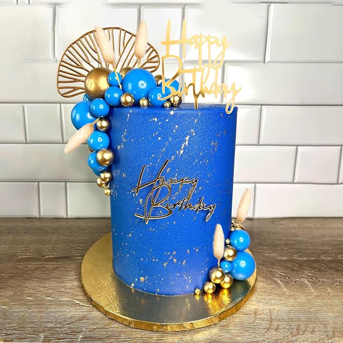Boho Cake Topper Gold Blue Balls Cake Decorations Palm Leaves Boho Grass for Wedding Birthday (03)