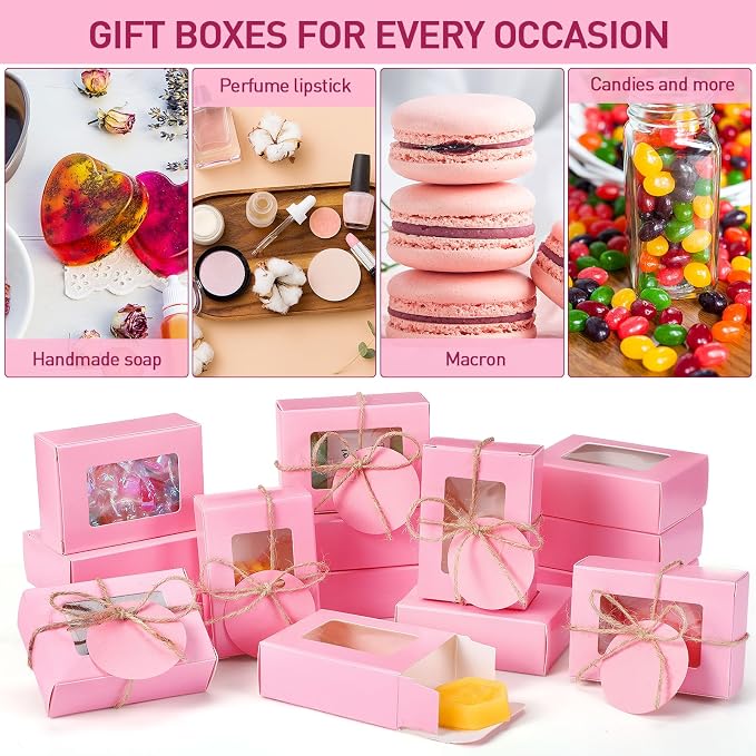 Zhanmai 100 Set Pink Small Soap Boxes for Homemade Soap, 3.35 x 2.36 x 1.2 Inch Paper Packaging Boxes with Window, with 100 Tag and Twine, Gift Wrapping Supplies for Bakery Candy Cookies Party Favors
