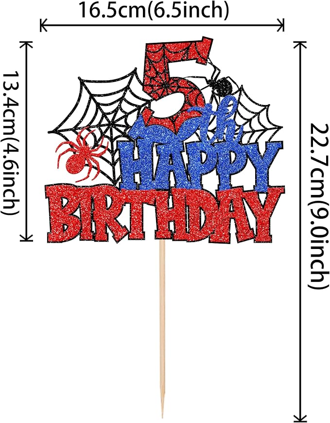 1 PCS Happy 5th Birthday Cake Topper Glitter Spider Web Cheers to 5 Years Five Birthday Cake Pick Superhero Spider Party Decorations for Boys Girls Happy 5th Birthday Party Cake Decorations Supplies