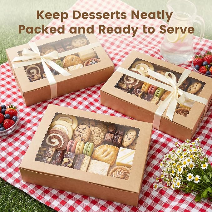 OAMCEG 48 Pack Cookie Boxes with Window, 12x8x2.5 Inch Bakery Treat Boxes for Christmas Holiday Gift Giving, Desserts, Donuts, Pastries-Brown