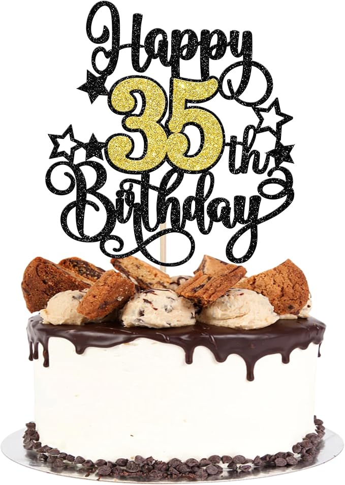 1 PCS Happy 35th Birthday Cake Topper Black Gold Glitter Cheers to 35 Years Birthday Cake Pick Hello 35 Fabulous Cake Decoration for Happy 35th Birthday Anniversary Party Decorations Supplies
