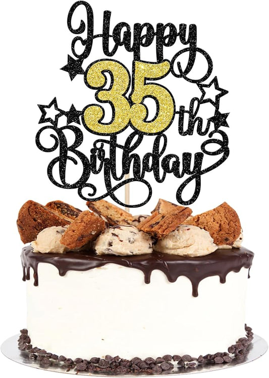 1 PCS Happy 35th Birthday Cake Topper Black Gold Glitter Cheers to 35 Years Birthday Cake Pick Hello 35 Fabulous Cake Decoration for Happy 35th Birthday Anniversary Party Decorations Supplies