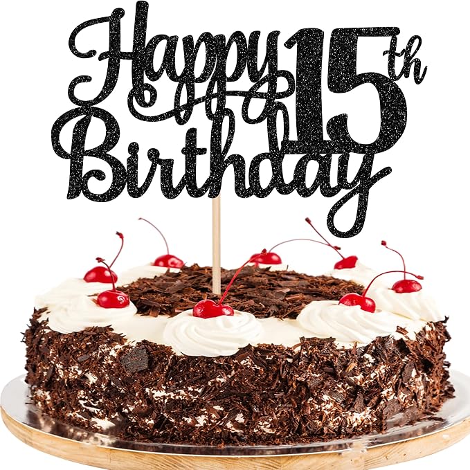 1 PCS Happy 15th Birthday Cake Topper Glitter Cheers to 15 Years Birthday Cake Pick Mis Quince 15 Fabulous Cake Decoration for Happy 15th Birthday Theme Party Decorations Supplies Black