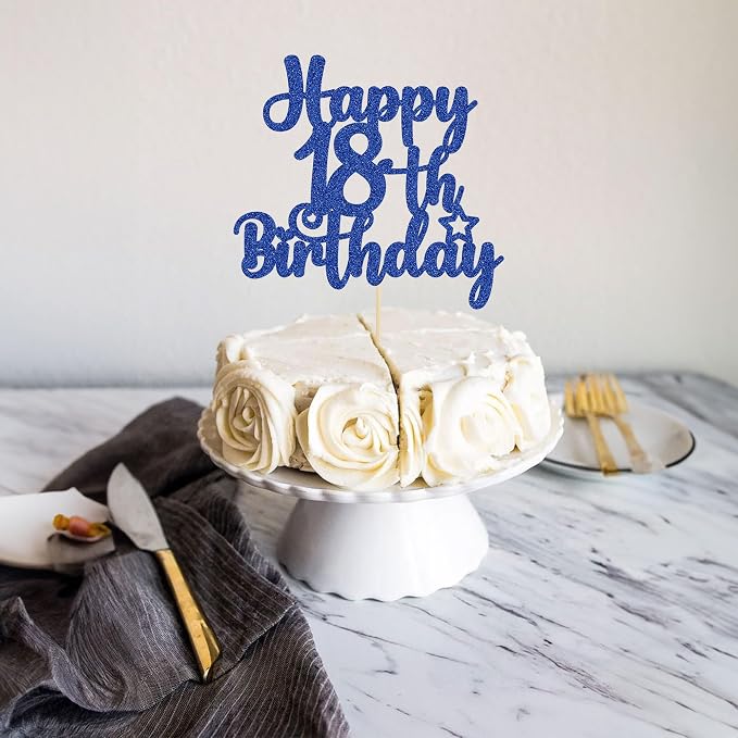 Gyufise 1Pc Happy 18th Birthday Cake Topper Glitter 18 & Fabulous Cheers to 18 Years Old Birthday Cake Pick for Celebrating 18th Birthday Party Cake Decorations Supplies Blue