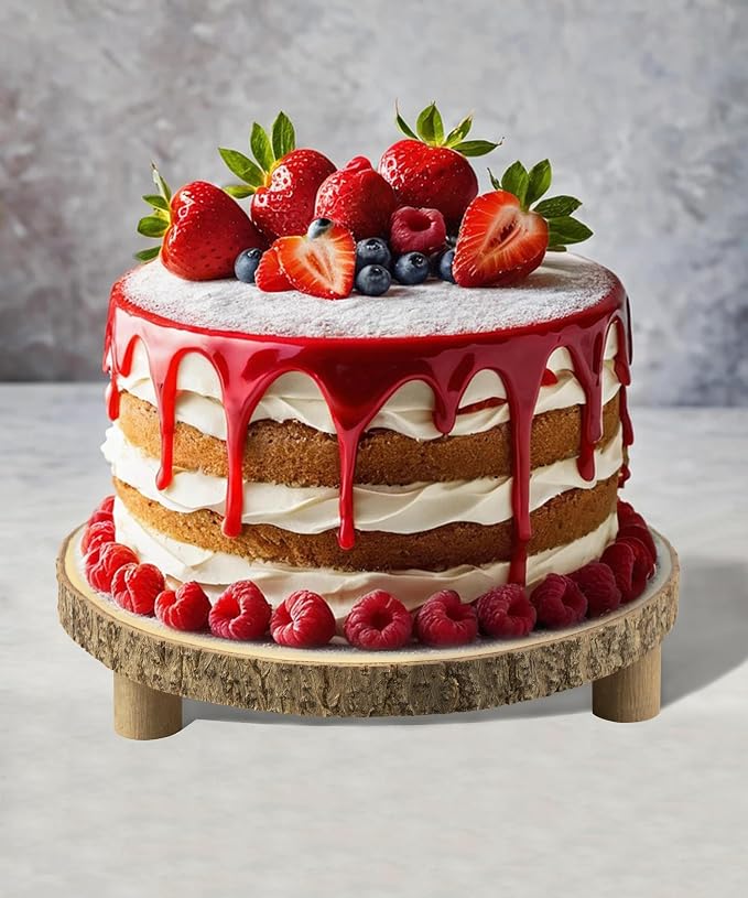 Rustic Wood Cake Stand with Legs – 11.5-12.5" Natural Wood Slice for Weddings, Parties & Desserts (Handcrafted Bark Edge)