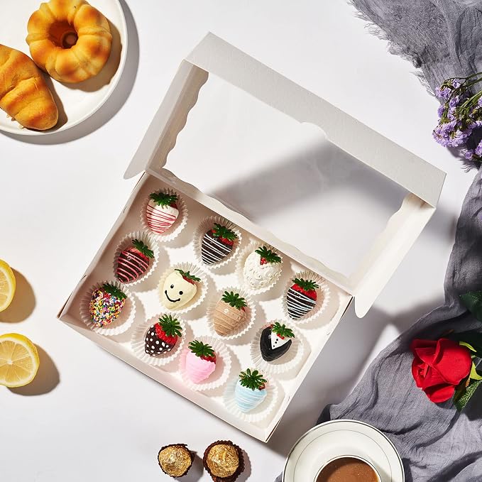50 Pack 9 ½" x 6" x 2" Cookies Macaron Boxes for 12, Bakery Cakesicle Chocolate Covered Strawberries Boxes with Window Ore Cocoa Bombs Pastry Chocolate Boxes