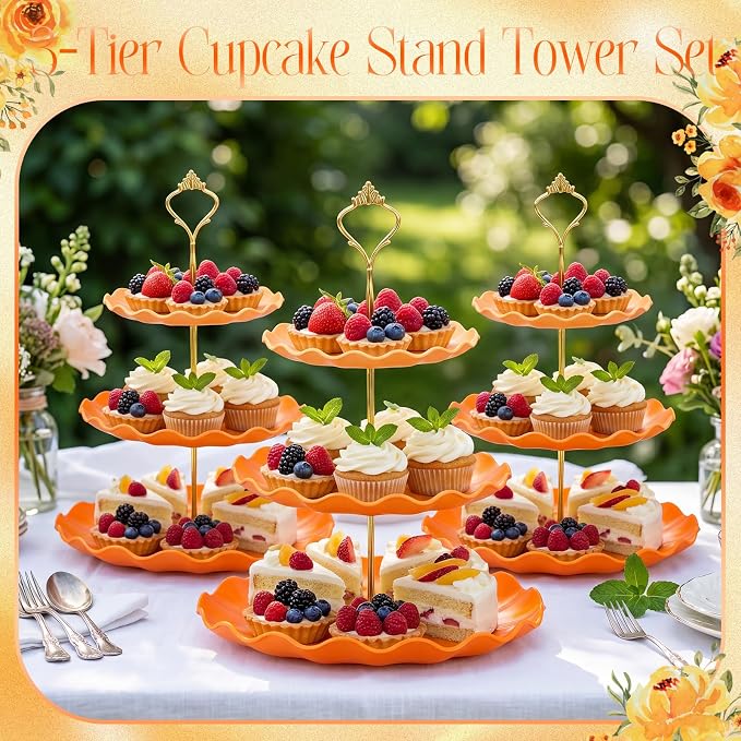 FoldTier 6 Pack Cupcake Stand Set 3 Pcs 3 Tier Gradient Dessert Table Display Stands Cookie Tray Rack 3 X14 in Rectangle Party Trays for Wedding Birthday Tea Party Baby Shower(Orange,Round)