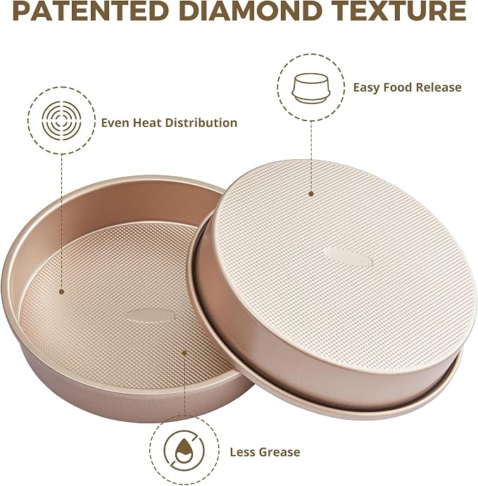 HONGBAKE Nonstick Ceramic 9 Inch Round Cake Pan Set of 2, Heavy-Duty Aluminized Steel Round Cake Pans with Diamond Texture, Non-Toxic Cake Molds, Cake Pans 9 Inch Round for Baking Cheesecake, Gold