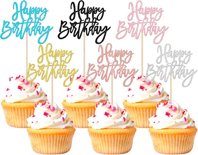 24 PCS Glitter Cupcake Toppers - Happy Birthday & Anniversary Picks - Multi 6 Colors