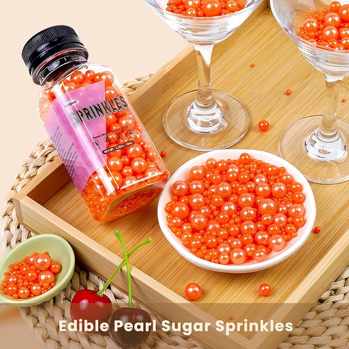 Edible Orange Sprinkles for Cake Decorating, Edible Pearl Sugar Sprinkles, Cake Cookie Decorations, Cupcake Ice Cream Toppings, Wedding Party Halloween Supplies, 180g/6.35oz Mix Size