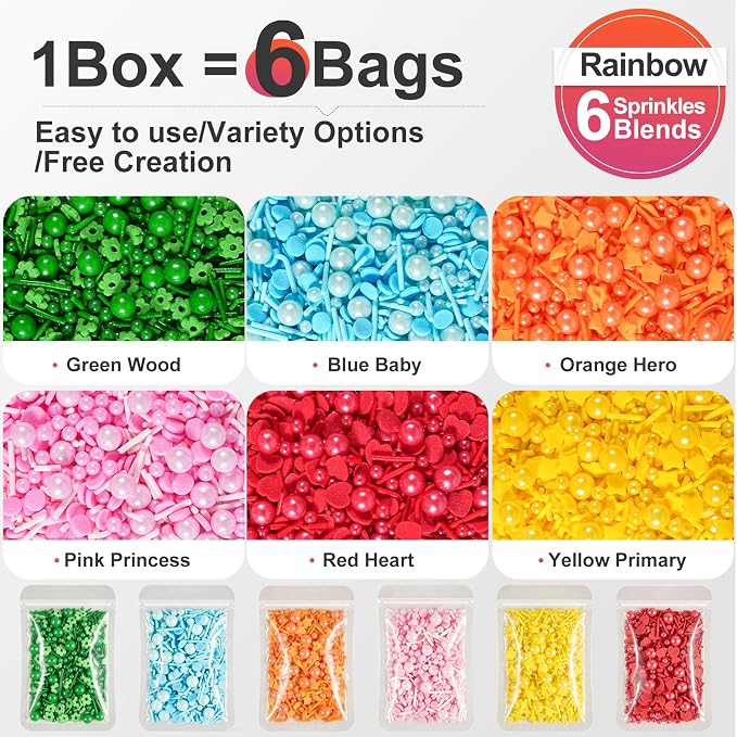 HUEBEATY 6-in-1 Neon Rainbow Sprinkles Variety Pack with Claw Sprinkle Pen – 180g Assorted Colored Sprinkles with Pearls, Jimmies, Confetti & Fun Shapes for Cake Decorating, Cupcakes, Cake Pops, Cookies & Ice Cream Baking