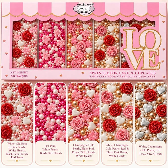 Confect Sprinkle Pink Mini Roses & Lips I Silver Hearts & Vermcelli and White Pearls | Sprinkles for Baking & Cake Decorative | Baby Shower Sprinkles | Vegan, Gluten-Free, Nut-Free, Soy-Free, Dairy-Free , Handcrafted Sprinkle - 5 Oz