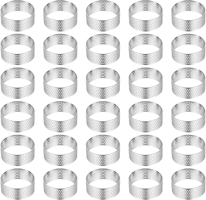 Kifmurase 30 Pack 2 Inch Stainless Steel Tart Rings, Heat-Resistant Perforated Cake Mousse Ring, Round Rings Baking Doughnut Tools Small Fruit Tarte Ring Molds for Cooking Dessert
