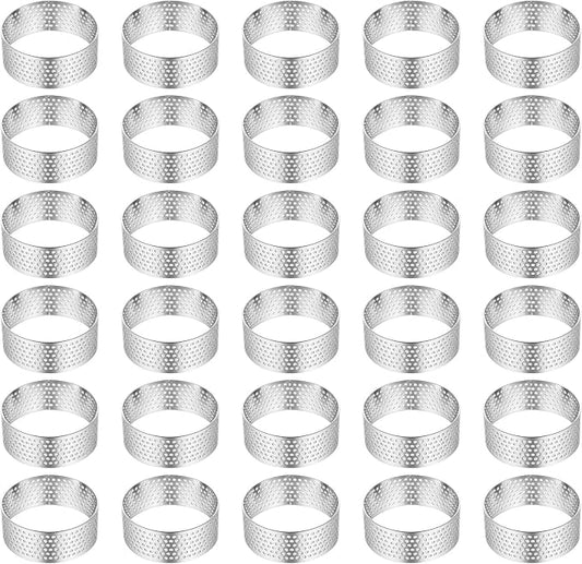 Kifmurase 30 Pack 2 Inch Stainless Steel Tart Rings, Heat-Resistant Perforated Cake Mousse Ring, Round Rings Baking Doughnut Tools Small Fruit Tarte Ring Molds for Cooking Dessert