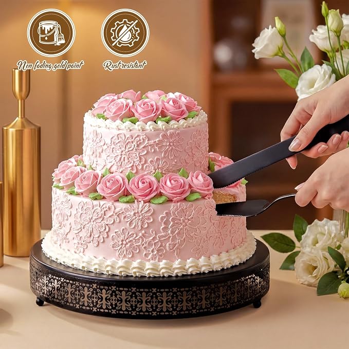 Wenqik Black Cake Stand 16 Inch Metal Round Cupcake Dessert Wedding Cake Stand with Cutting & Spatula Cookies Display Holder Fruit Serving Tray for Table Wedding Birthday Anniversary Party