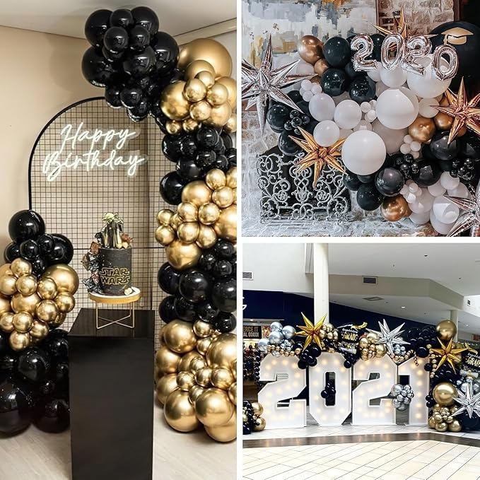 PartyWoo Black and Gold Balloon Arch Kit Garland 140pcs Different Sizes of 18 12 10 5 Inch Black Metallic Gold Confetti 22 Inch Star Balloons for Graduation Birthday New Year's Eve Party Decorations