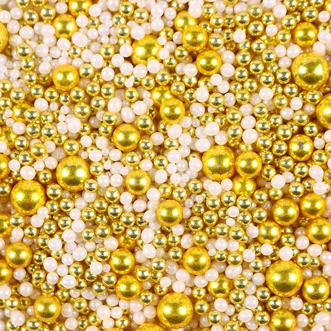 Gold Sprinkles for Cake Decorating White Pearls Sugar Metallic Sprinkles Cupcake Cookies Ice Cream Toppings 4.23 Ounces Cake Decorations Baking Perfect for Wedding New Year’S Eve Christmas Party