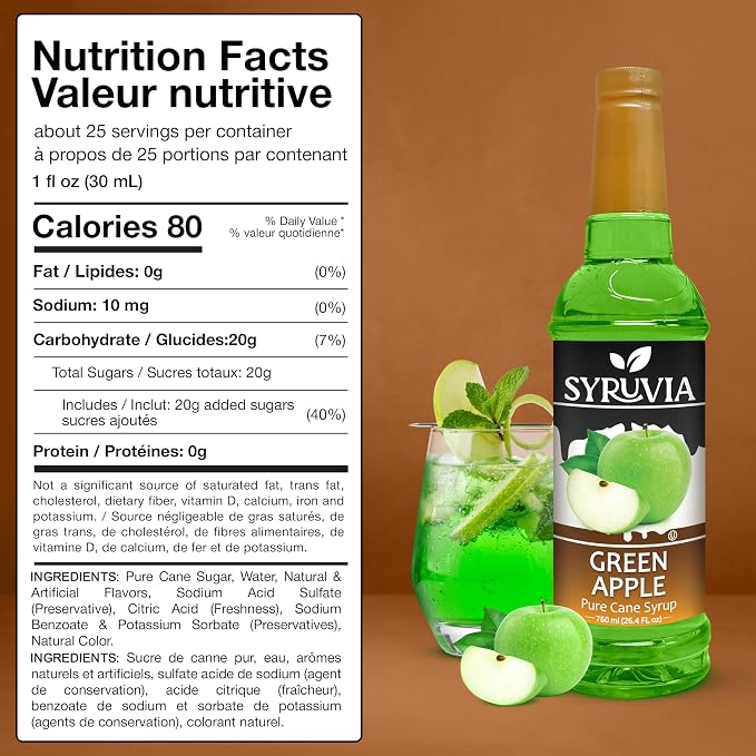 Syruvia Green Apple Syrup, Flavored Syrup for Cocktails, Fruit Drinks, Lemonades, and Desserts – 25.4 fl oz - with Pump