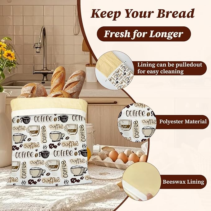 Bread Bags for Homemade Bread, Coffee Time 2 Pack Linen and Beeswax Sourdough Storage Bags, Reusable Keeper, Keeps Breads Fresh Longer, Gifts for Bakers