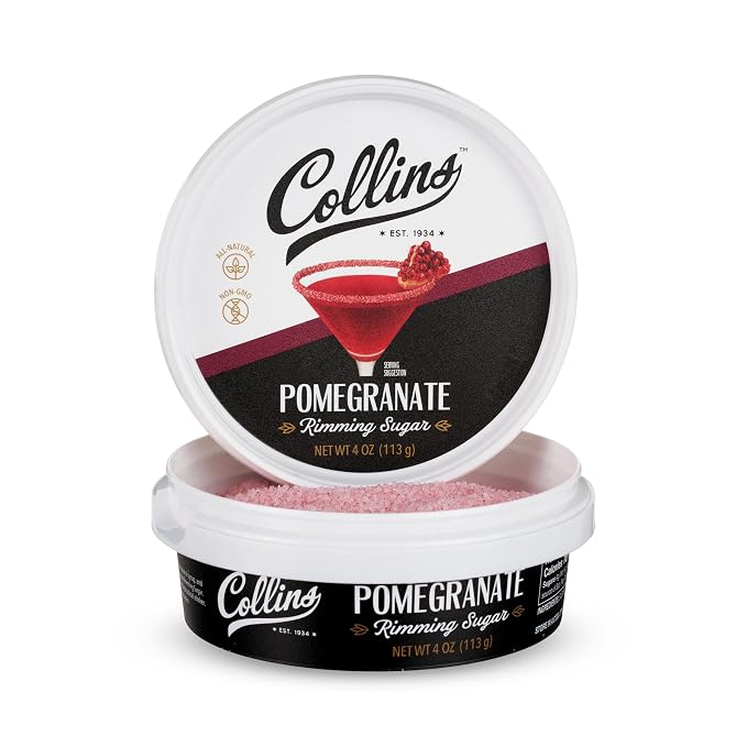 Collins Pomegranate Rimming Sugar, Bright & Tangy Cocktail Sugar Rim with Vibrant Ruby Hue, Grenadine Flavored Garnish for Martinis, Margaritas, Cosmos & Mocktails, 4 oz