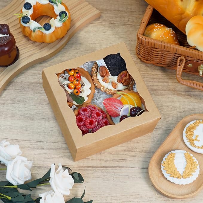 XINHPKGG 50 Pack Cookie Boxes 6x6x3 Inch Bakery Boxes with Window Treat Box Dessert Box for Macaron Mini Cake Chocolate Covered Strawberries Pastry -Brown
