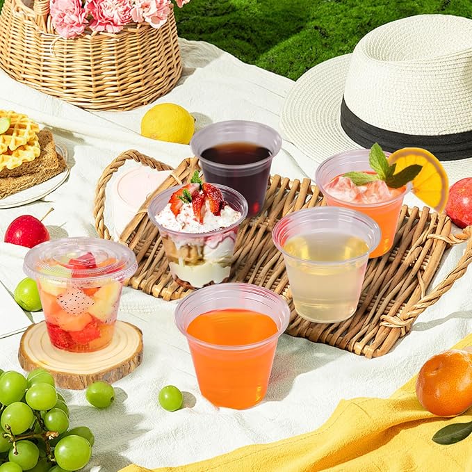 BYSNOW 100 Pack 9 oz Clear Plastic Cups With Flat Lids No Hole, Disposable Dessert Cups with Lids for Ice Cream, Pudding, Fruit, Cold Drinks, Cake, Snacks, Yogurt Parfait