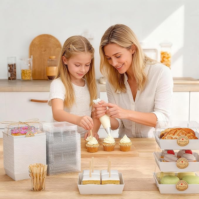 50Pcs Small Charcuterie Boxes with Clear Lids 5x5 Inch | Disposable Dessert Containers with Lids,White,Oil-Proof,Leak-proof,with Strings,100 Stickers&Forks,for Cookie Sandwich Party
