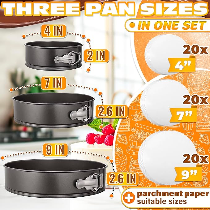 Spring Form Pan for Cheesecakes - Leak Resistant Springform Pan Set, Easy-Open Latch and Removable Bottom for Cake Lift, Nonstick Round Cake Pans Set 4 7 9 Inch, 60 Parchment Liners, Oven Safe to 450F
