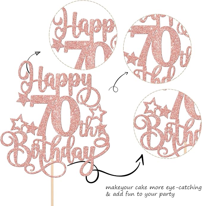 1 PCS Happy 70th Birthday Cake Topper Glitter Cheers to 70 Years Birthday Cake Pick Hello 70 Fabulous Cake Decoration for Happy 70th Birthday Anniversary Party Decorations Supplies Rose Gold