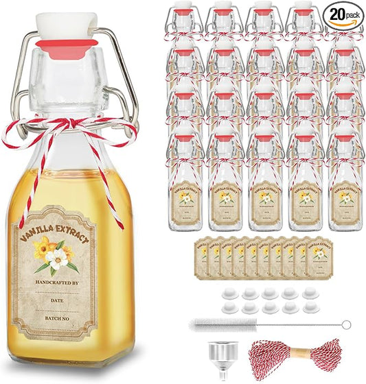 20 Pack Swing Top Glass Vanilla Extract Bottles 4 oz with Lids, Vanilla Extract Labels and Funnel, Glass Boston Vanilla Bottles for Syrup Gift, Flip Top Glass Bottles Jars for Vanilla Extract