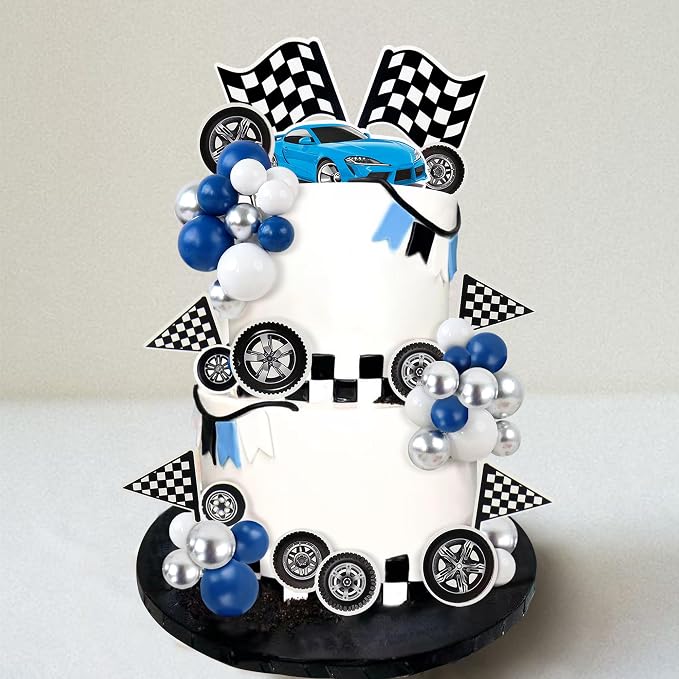Ercadio 42Pcs Blue Racing Car Birthday Cake Toppers Wheel Checkered Flag Cupcake Toppers Silver Blue Balls Cake Decorations for Kids Racing Birthday Cake Decoration Race Car Party Supplies
