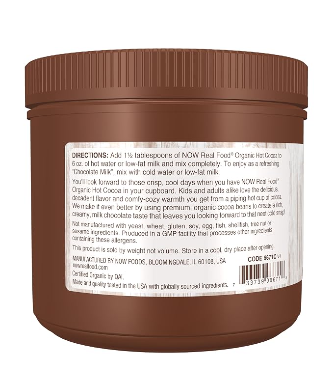 NOW Foods, Cocoa Lovers™ Organic Hot Cocoa, Instant, Rich Milk Chocolate Taste, Low-Fat and Gluten-Free, 14-Ounce