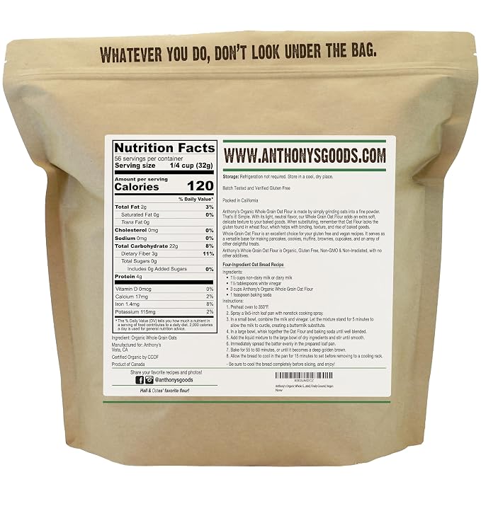 Anthony's Organic Whole Grain Oat Flour, 4 lb, Gluten Free, Non GMO, Non Irradiated, Finely Ground, Vegan