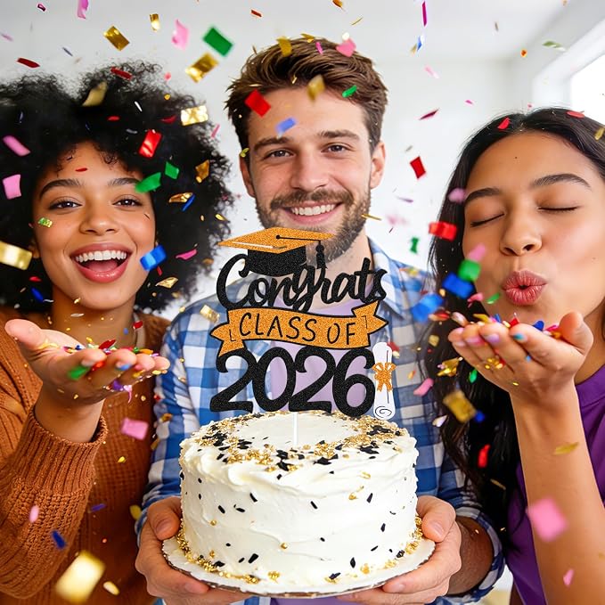 Congrats Class of 2026 Cake Topper Congrats Grad Cap Diploma Theme for High School Happy Graduation Party Supplies College Graduate Decoration (Orange)